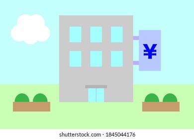 Bank building. Japanese yen symbol on the signboard.