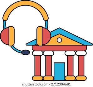 Un edificio bancario con un edificio Grande en el fondo y un auricular en la parte superior. Los auriculares son un símbolo de comunicación y el banco es un lugar donde la gente va a gestionar sus finanzas