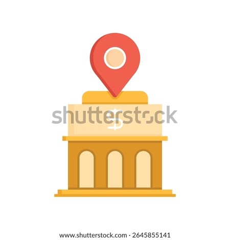 bank building and location tracking map pin icon
