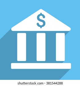 Bank Building long shadow vector icon. Style is a white flat symbol on a light-blue square background.