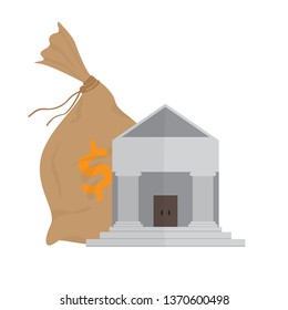 Bank building with a money bag icon. Vector illustration design