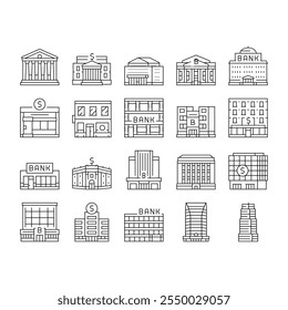 bank building money business icons set vector. finance city, government office, cityscape financial, house tax, investment economy bank building money business black contour illustrations