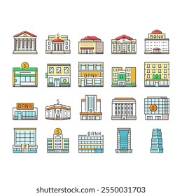 banco edifício moeda ícones de negócios definir vetor. cidade financeira, escritório do governo, paisagem urbana financeira, imposto da casa, economia de investimento edifício do banco dinheiro cor do negócio ilustrações