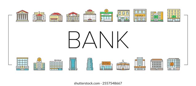 bank building money business icons set vector. finance city, government office, cityscape financial, house tax, investment economy bank building money business color line illustrations