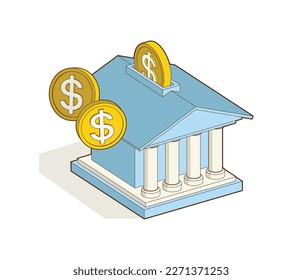 Bank building with money. Online banking, money box, finance, bank transactions, bank service. 3d, isometric vector icon. Cartoon perspective minimal style.