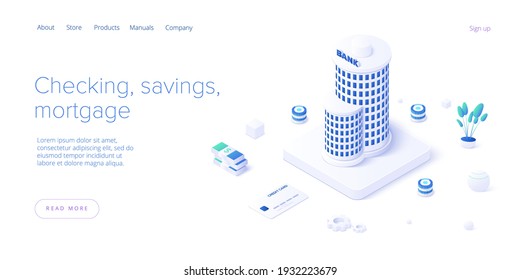 Bank building and money transaction concept in isometric vector design. Payment transfer or deposit and investment. Web banner layout template.