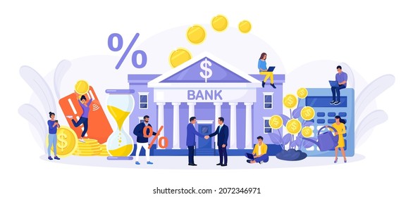 Bank building with money tree. Tiny People holds gold coins near Government Finance Department or Tax Office Column Building. 
Bank financing, money exchange, saving or accumulating money