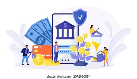 Bank building with money tree. Tiny People holds gold coins near Government Finance Department or Tax Office Column Building. 
Bank financing, money exchange, saving or accumulating money