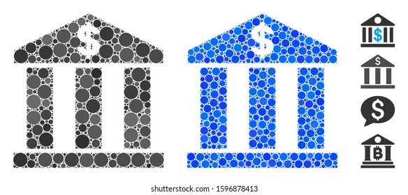 Bank building mosaic of filled circles in different sizes and color tints, based on bank building icon. Vector filled circles are composed into blue mosaic.
