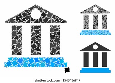 Bank building mosaic of rough parts in variable sizes and shades, based on bank building icon. Vector ragged parts are organized into mosaic. Bank building icons collage with dotted pattern.