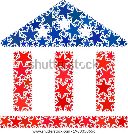Bank building mosaic of stars in variable sizes and color tones. Bank building illustration uses American official blue and red colors of Democratic and Republican political parties, and star shapes.