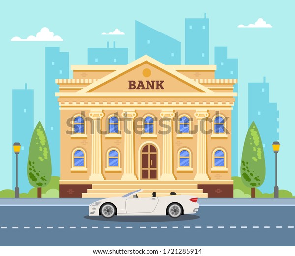 Bank building on the background\
of the city. White car near the bank. Flat vector\
illustration