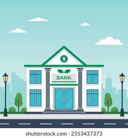 Bank building on city street. Vector illustration in flat design style.