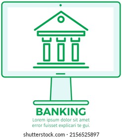 Construcción de banco en la pantalla del ordenador. Programa financiero para transacciones y pagos a través de Internet. Logo de la aplicación de banca en línea aislado de fondo blanco. Plantilla de sitio web bancario para equipo