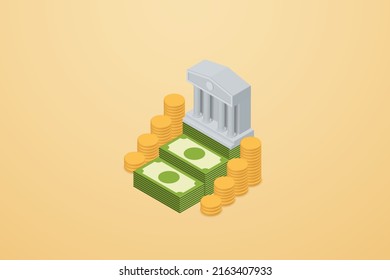 Bank building on icon paper banknotes with coins on a yellow background.3D isometric vector illustration.