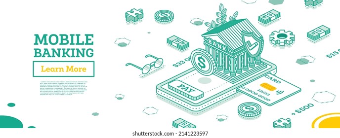 Bank Building on Top of Smartphone. Isometric Financial Concept. Vector Illustration. Credit Card Inserted in Phone. Mobile Banking App. Banknotes and Coins.