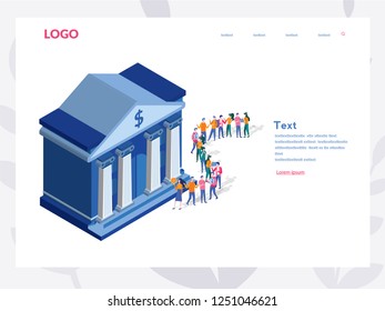 Bank building on a white background with people in the queue. business people standing in a line. Happy client investors, Financial credit investment concept, money exchange, financial service. 3D