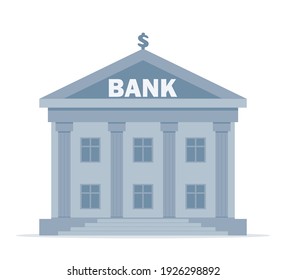 Bank building on a white background, bank financing, money exchange, financial services, ATM, giving out money. Vector flat illustration