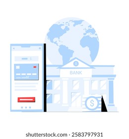 Bank Building With Online Banking Interface In Flat Vector Illustration Symbolizing Digital Banking, Financial Transactions, And Global Finance, Isolated On White Background.