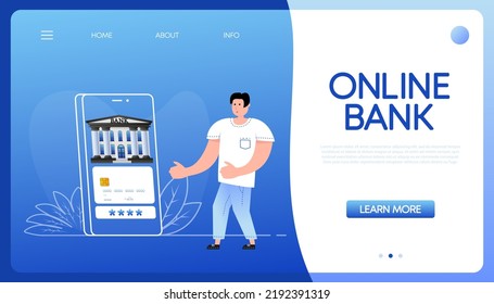 Bank building. Online banking. Money exchange, financial services, ATM. Vector stock illustration.