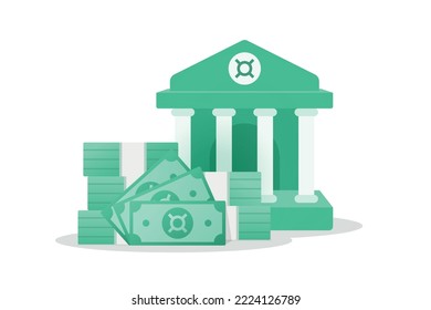 Bank Building and Paper note illustration with Any currency symbol. Money saving concept, money transfer icon, business financial element.