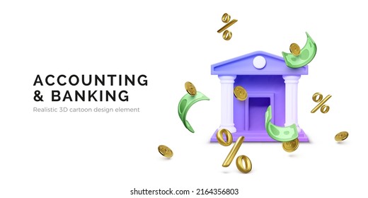 Bank Building With Percent Sign And Falling Money Gold Coins And Paper Currency. Bank Deposit Interest Rate Offer. Vector Illustration