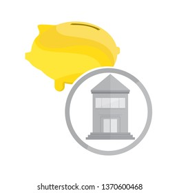 Bank building with a pig bank icon. Vector illustration design