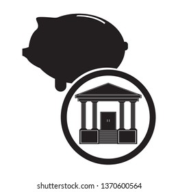 Bank building with a pig bank icon. Vector illustration design