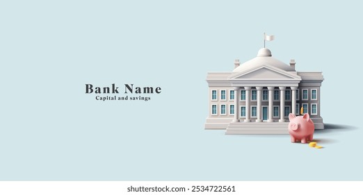 Bank building, piggy bank with coins, 3D. White classic building with columns for business, finance, and savings concepts. Vector