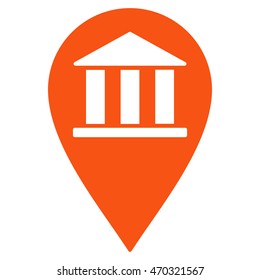 Bank Building Pin icon. Vector style is flat iconic symbol with rounded angles, orange color, white background.
