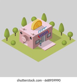 Bank building pink pig and Security man isometric vector