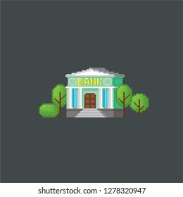 Bank building. Pixel art. Old school computer graphic. Element design stickers, logo, mobile app, menu. 8 bit video game. Game assets 8-bit sprite. 16-bit.