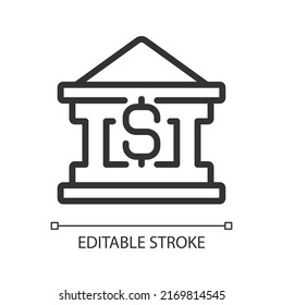 Bank building pixel perfect linear icon. Financing business. Borrow money. Personal loans. Cash needs. Thin line illustration. Contour symbol. Vector outline drawing. Editable stroke. Arial font used