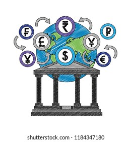 bank building with planet and coins