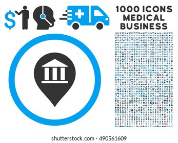 Bank Building Pointer icon with 1000 medical commercial gray and blue vector design elements. Collection style is flat bicolor symbols, white background.