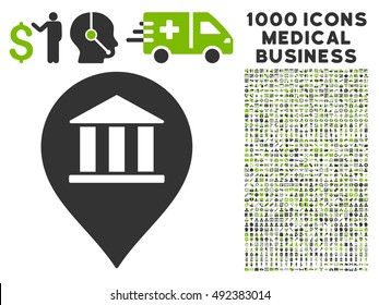 Bank Building Pointer icon with 1000 medical commercial eco green and gray vector pictograms. Set style is flat bicolor symbols, white background.