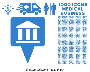 Bank Building Pointer icon with 1000 medical business cobalt vector pictographs. Design style is flat symbols, white background.