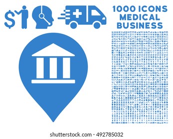 Bank Building Pointer icon with 1000 medical commerce cobalt vector pictograms. Design style is flat symbols, white background.