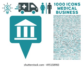 Bank Building Pointer icon with 1000 medical commercial soft blue vector pictograms. Set style is flat bicolor symbols, white background.
