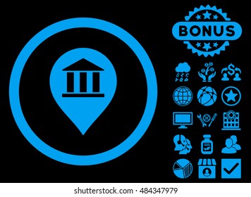 Bank Building Pointer icon with bonus images. Vector illustration style is flat iconic symbols, blue color, black background.