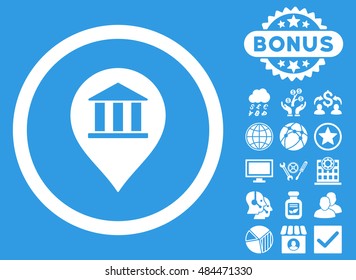 Bank Building Pointer icon with bonus design elements. Vector illustration style is flat iconic symbols, white color, blue background.