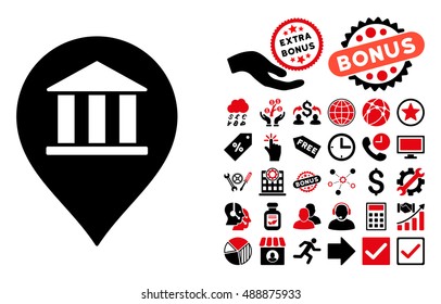 Bank Building Pointer icon with bonus clip art. Vector illustration style is flat iconic bicolor symbols, intensive red and black colors, white background.