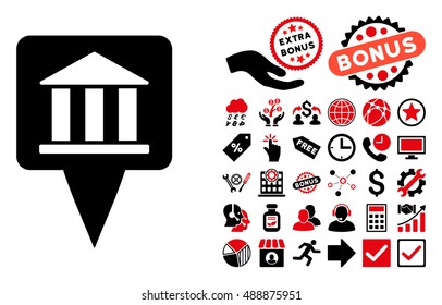Bank Building Pointer icon with bonus symbols. Vector illustration style is flat iconic bicolor symbols, intensive red and black colors, white background.