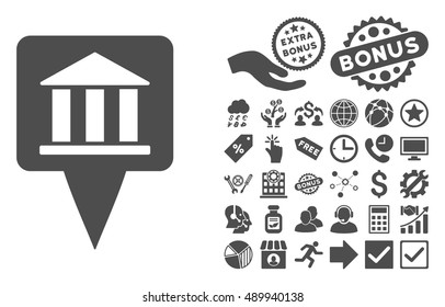 Bank Building Pointer icon with bonus design elements. Vector illustration style is flat iconic symbols, gray color, white background.