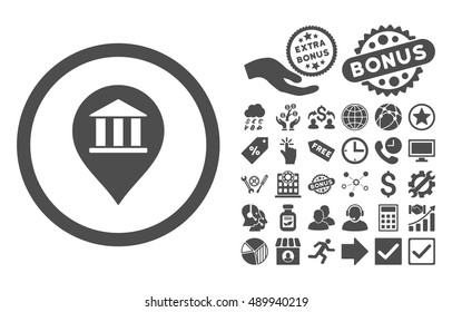 Bank Building Pointer icon with bonus icon set. Vector illustration style is flat iconic symbols, gray color, white background.
