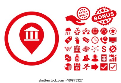 Bank Building Pointer icon with bonus elements. Vector illustration style is flat iconic symbols, red color, white background.