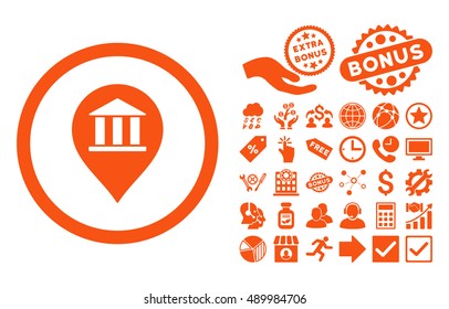 Bank Building Pointer icon with bonus pictogram. Vector illustration style is flat iconic symbols, orange color, white background.