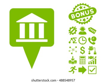 Bank Building Pointer pictograph with bonus symbols. Vector illustration style is flat iconic symbols, eco green color, white background.