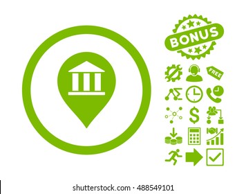 Bank Building Pointer pictograph with bonus images. Vector illustration style is flat iconic symbols, eco green color, white background.