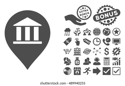 Bank Building Pointer pictograph with bonus elements. Vector illustration style is flat iconic symbols, gray color, white background.